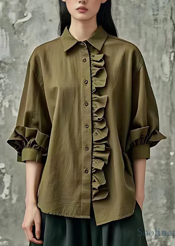 Rock Single T-Shirt Casual Army Green Ruffled Button Tops Bracelet Sleeve