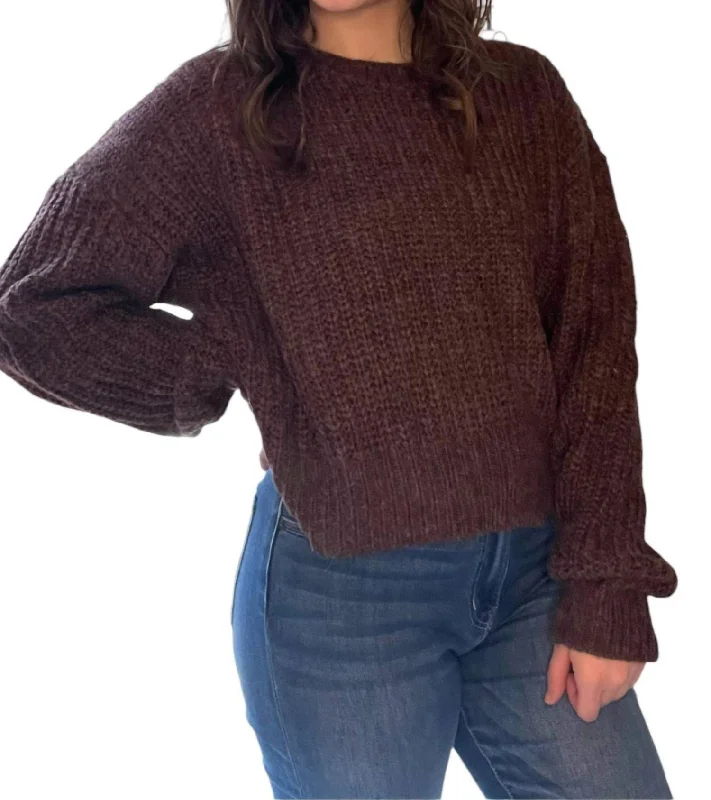 Rock Metal Style Solid Ribbed Knit Drop Shoulder Sweater In Chocolate Brown