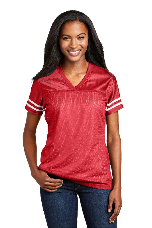 Elegant High Waist Style Sport-Tek Womens Short Sleeve V-Neck T-Shirt - True Red/White