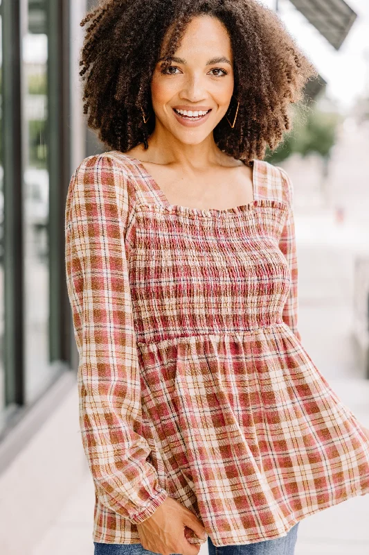 Simple Classic Style Simple Love Mocha Brown Plaid Smocked Top