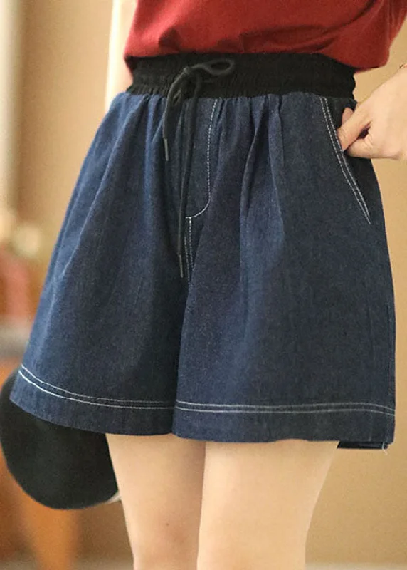 Sports Vitality Style Casual Navy Elastic Waist Drawstring Pockets Patchwork Linen Denim Shorts Summer