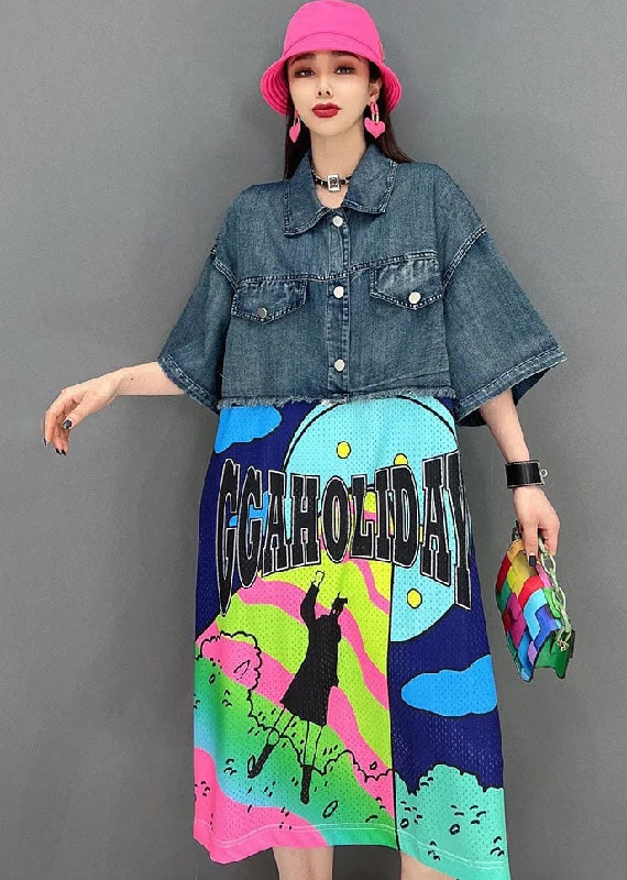 Sports Express Loose Blue Peter Pan Collar Patchwork Print Cotton Streetwear Denim Dress Short Sleeve