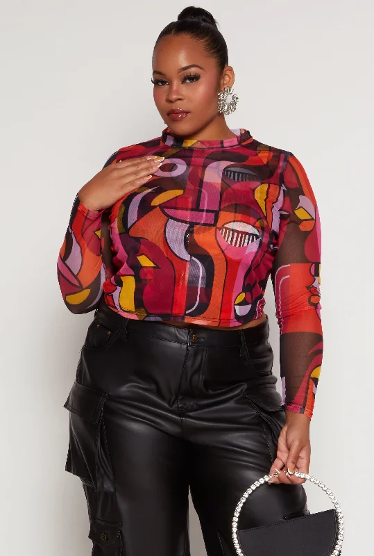 Sports Functional Style Plus Size Mesh Abstract Print Long Sleeve Crop Top