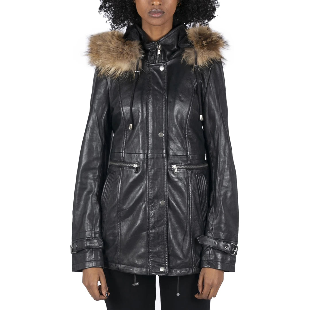 Elegant And Luxurious Feeling Women's Leather Parka Coat 3/4 Removable Hood Fur Button Cover Zipped