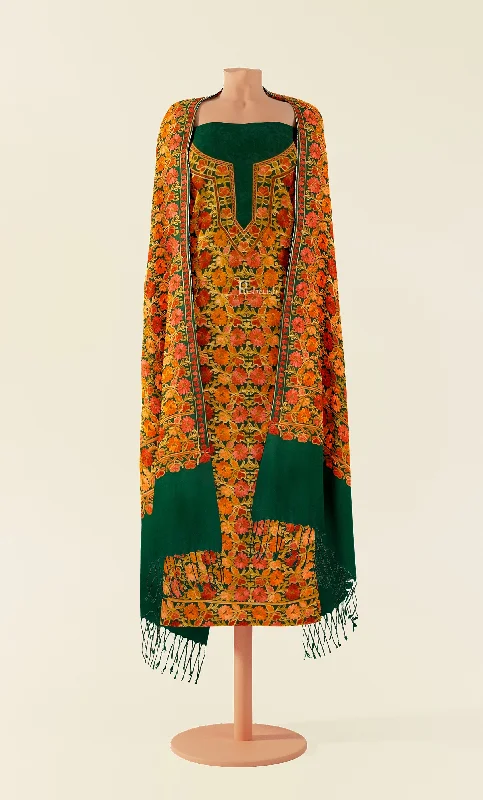 Rock Retro Style Pashtush women Fine Wool suit with shawl, Kashmiri embroidery design, Bottle Green