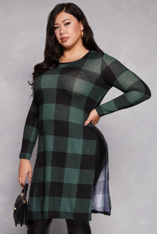 Sports Yoga Style Plus Size Buffalo Plaid Side Slit Tunic Top