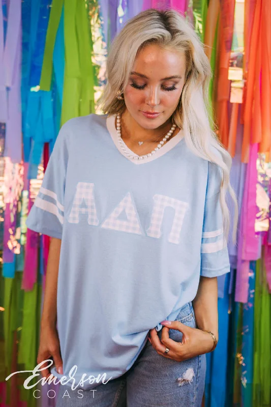 Simple Casual Wear Alpha Delta Pi Blue Gingham Letter Vneck Tee