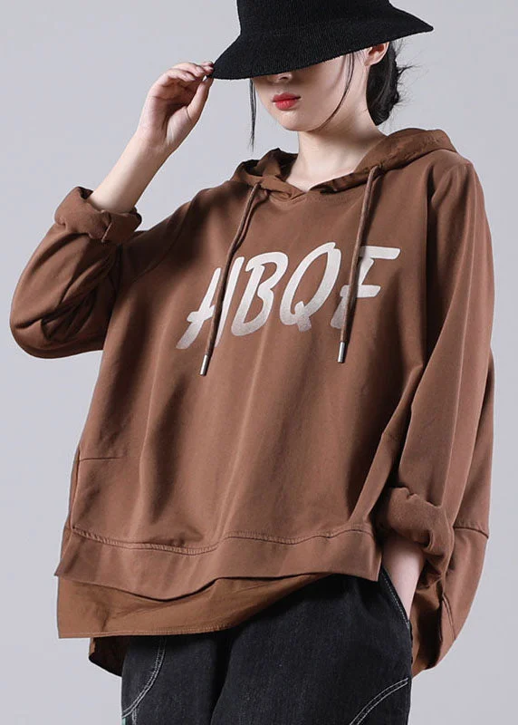 Gorgeous Evening Style Trendy Brown hooded Drawstring Graphic Fall Patchwork Sweatshirts Top