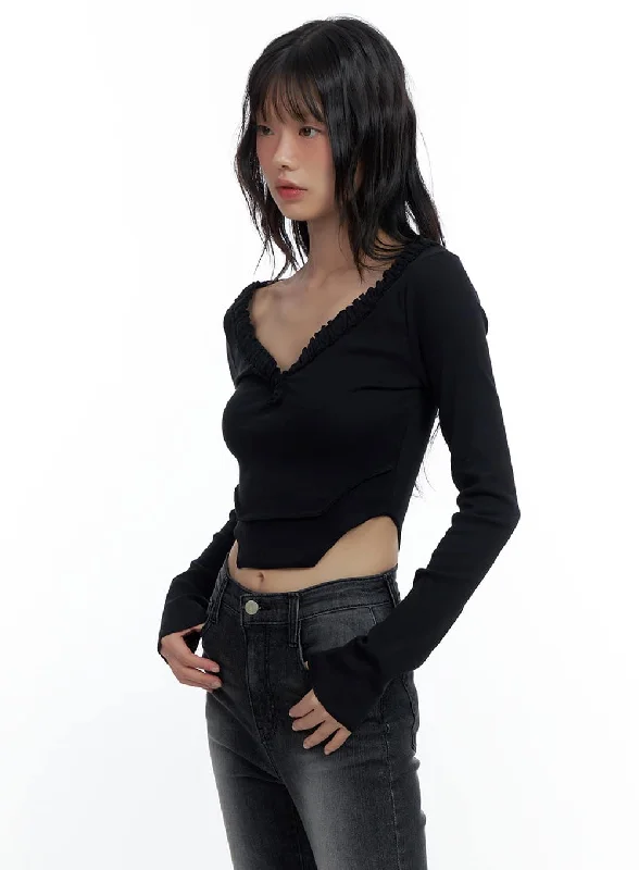 Elegant Temperament V-Neck Ruffle Slim Fit Crop Top CS420