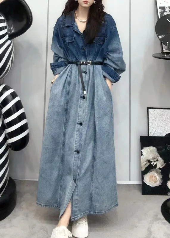 Elegant High Waist Style French Gradient Color Button Pockets Denim Shirts Dresses Long Sleeve