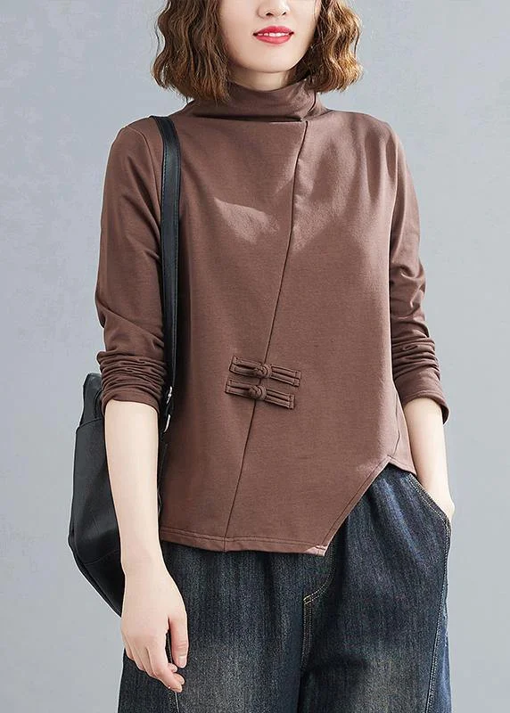 Casual Comfort Unique chocolate tunics for women high neck Chinese Button tunic tops