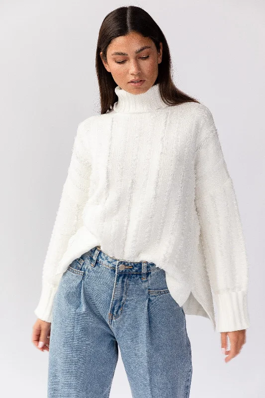 Simple And Generous Style Cream Textured Knit Turtleneck Sweater