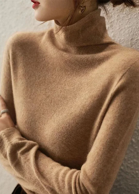 Rock Cool Outfit Italian Camel Hign Neck Wool Knitted Sweaters Tops Fall