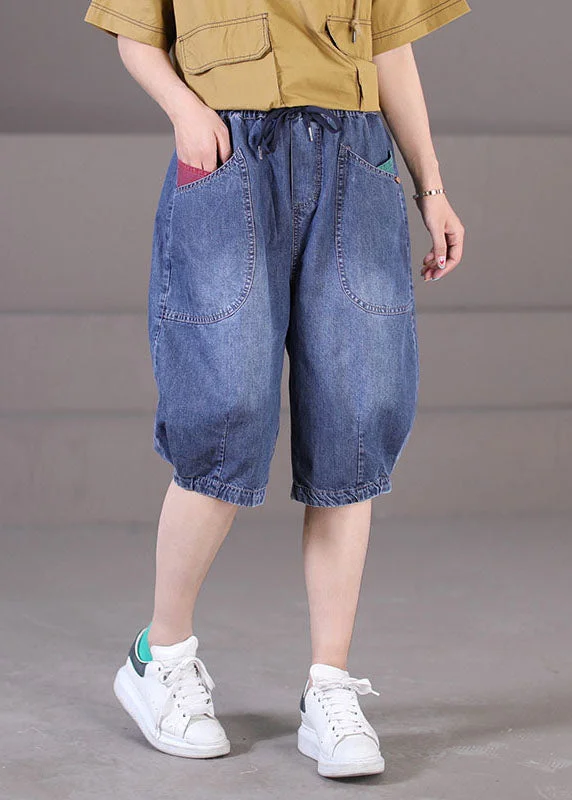 Sports Vitality Classy Blue Elastic Waist Tie Waist Pockets Patchwork Cotton Denim Shorts Summer