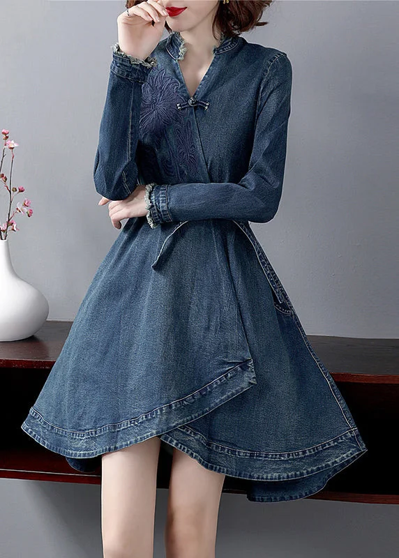 Casual Cartoon Style Slim Fit Blue V Neck Embroideried Sashes Cotton Denim Cinch Dress Long Sleeve