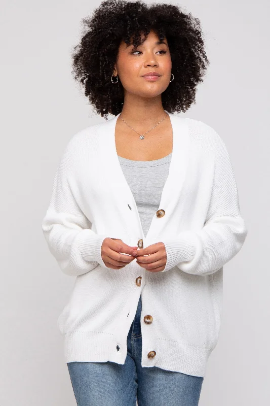 Casual Cartoon Style White Basic Ribbed Cardigan Sweater