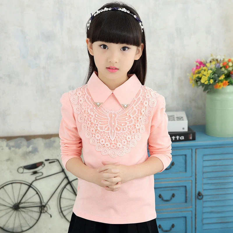 Sports Tops Girls Blouses Shirts Fashion Solid Turn-Down Lace Flower Blouses Children Girls Cotton Clothes