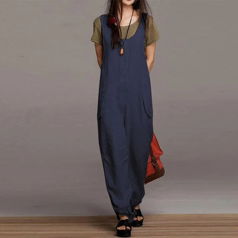 Gorgeous Crystal Design Women Round Neck Casual Pocket Jumpsuits