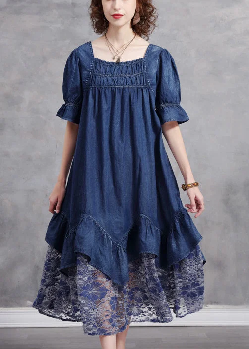 Simple Design Sense Unique Blue Square Collar Patchwork Lace Cotton Denim Dress Short Sleeve