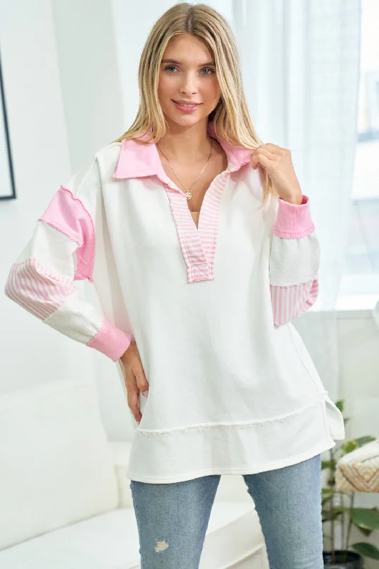 Casual Classic Design Pink Colorblock Stripe Collared Sweater