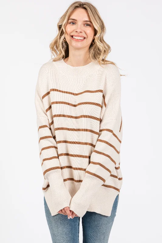 Casual Sports Style Beige Striped Drop Shoulder Sweater