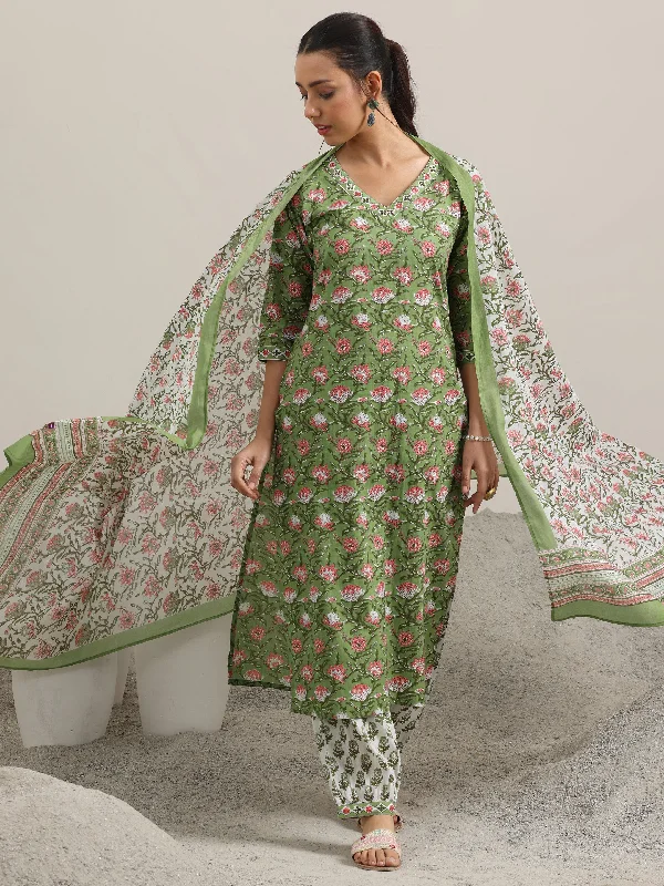 Sports Fitness Wear Green Printed Cotton Straight Suit With Dupatta