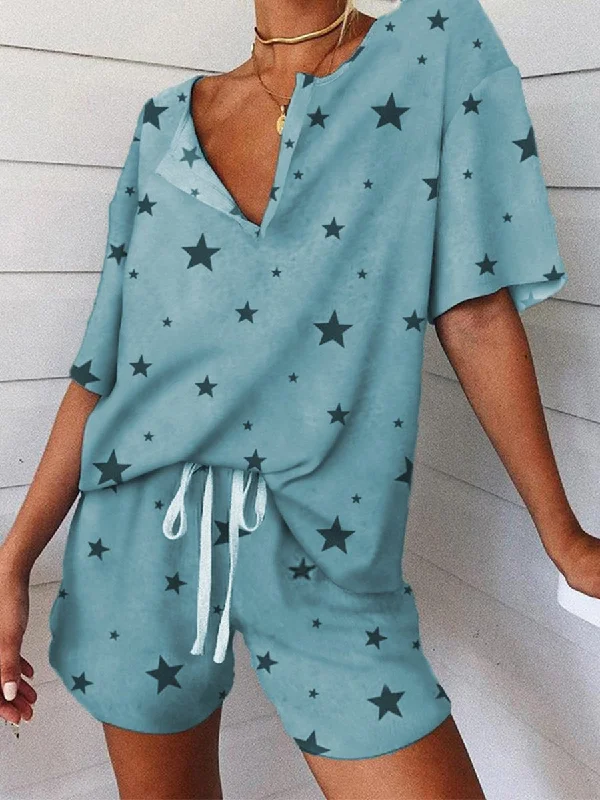 Simple Style Star Print V-neck Short Sleeve Two-piece Suit