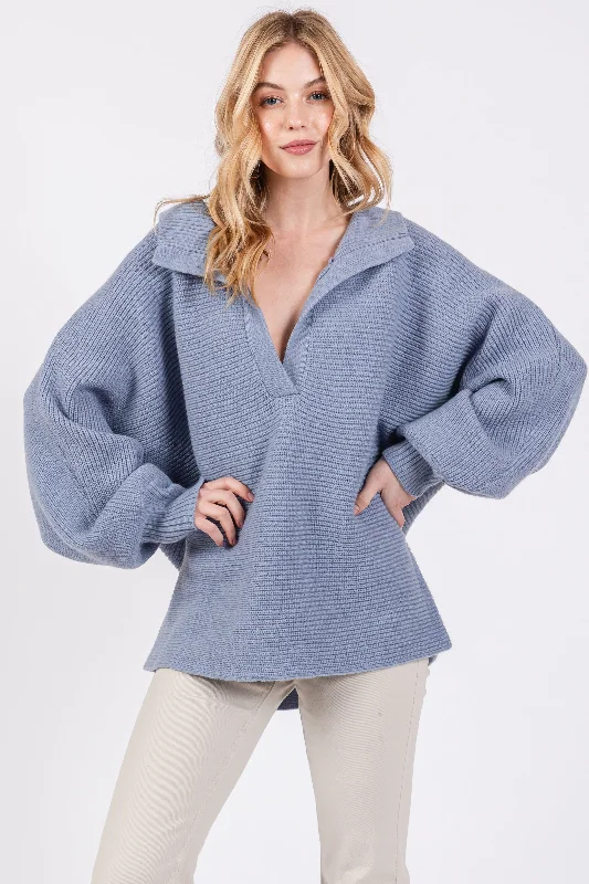 Gorgeous Flow Feeling Blue Oversize Collared Knit Sweater