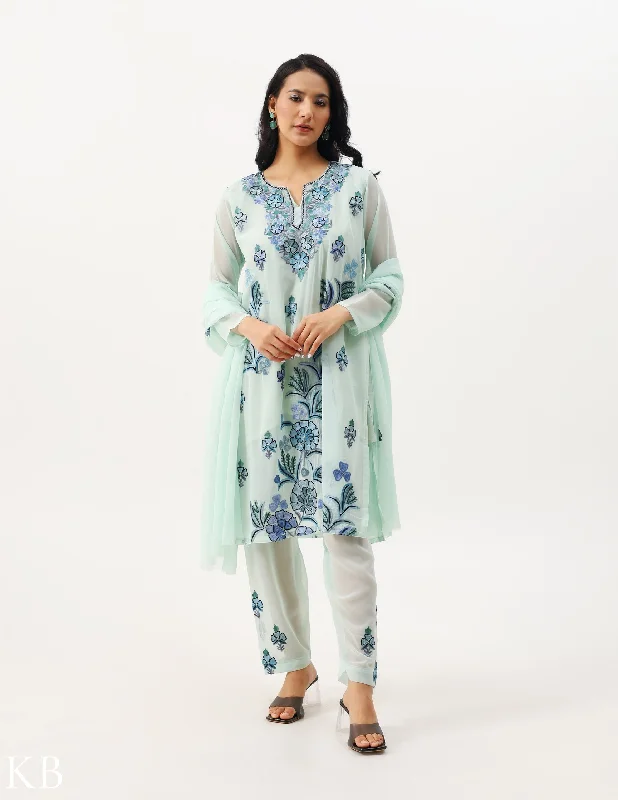 Casual Cartoon Style Misty Aqua-Green Three-Piece Embroidered Suit