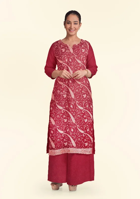 Simple Classic Style Pashtush Unstitched Kashmiri Embroidery Suit with shawl, Fine Wool, Soft and Warm, Maroon