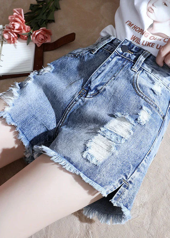 Sports Functional Style Italian Blue High Waist Hole Pockets Side Open Cotton Denim Shorts Summer