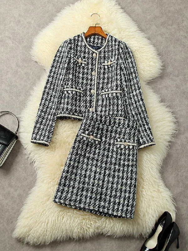 Casual Cartoon Style Multi-Pockets Vintage Tweed Skirt Suit