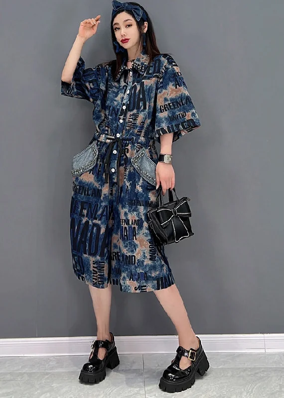 Romantic Lightness Style Blue Peter Pan Collar Letter Print Diamond Cotton Denim Jumpsuit Half Sleeve