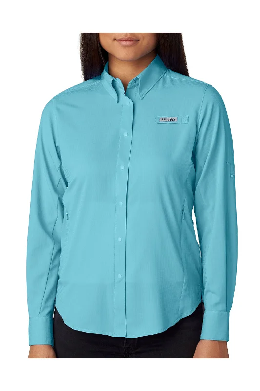 Simple And Comfortable Style Columbia Womens Tamiami II Moisture Wicking Long Sleeve Button Down Shirt w/ Double Pockets - Clear Blue - Closeout