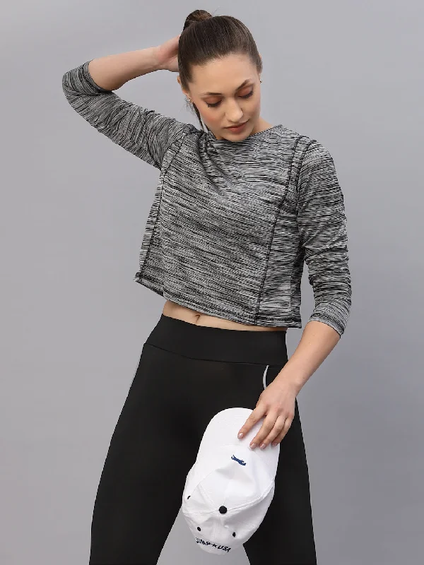 Simple Classic Style Grey Self Texture Round Neck Full Sleeve Activewear Crop Top