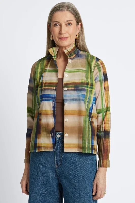 Sports Zipper Style Carolina Painterly Plaid Shirt Jacket