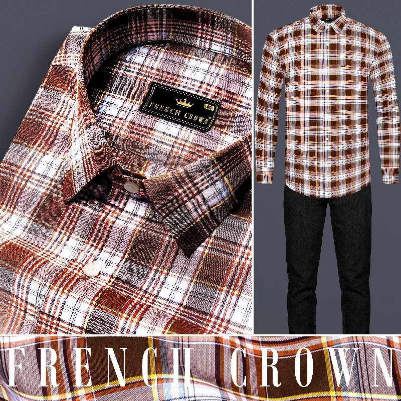 Gorgeous Embroidery Ferra Brown and White Checkered Premium Cotton Shirt