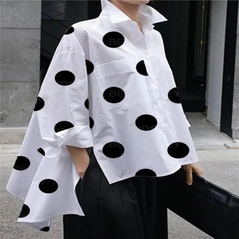 Sports Fitness Style Casual Dot Print Cotton Loose Shirts for Women