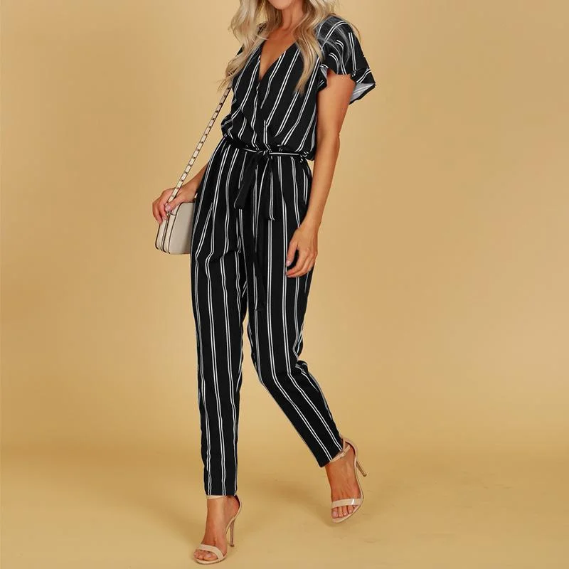 Sports Tops Women Striped Backless Short Sleeves Jumpsuits