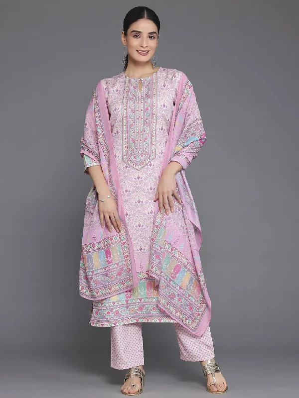 Casual Simple Style Pink Printed Poly Crepe Straight Suit With Dupatta