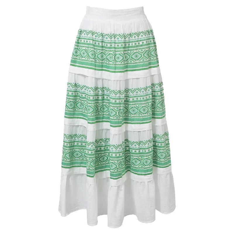 Elegant And Simple Maje Tiered Embroidered Midi Skirt in White and Green Cotton