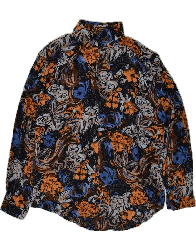 Elegant Lapel Style VINTAGE Womens Shirt UK 16 Large Navy Blue Floral