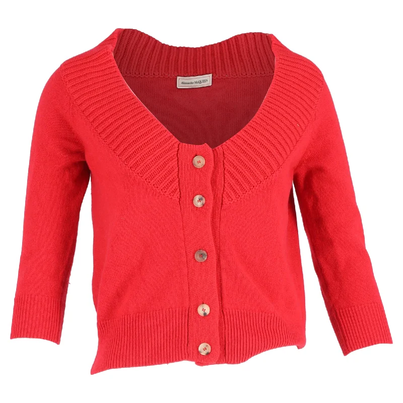 Sports Zipper Style Alexander McQueen Off-Shoulder Buttoned Cardigan in Red Cashmere