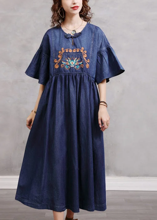 Elegant Temperament Simple Blue Embroideried Cinched Cotton Denim Dresses Flare Sleeve