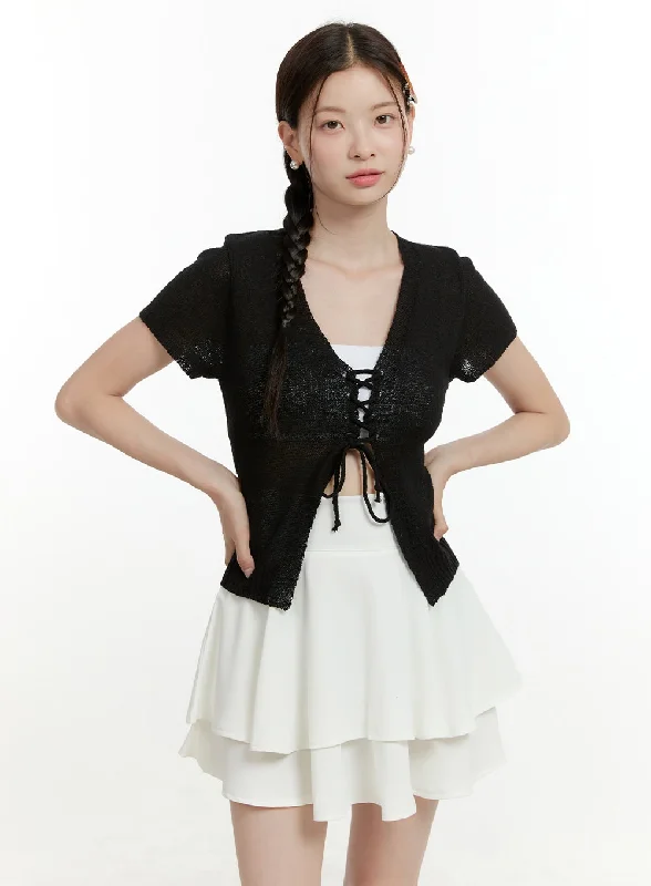 Elegant Interpretation Design Sheer V-Neck Tie Short Sleeve Cardigan OL423