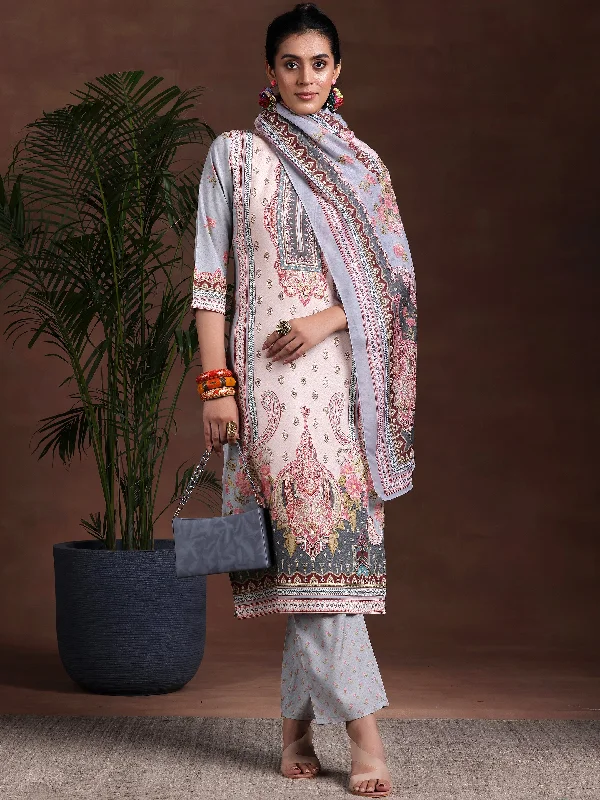 Sports Litigation Style Grey Printed Poly Crepe Straight Suit With Dupatta