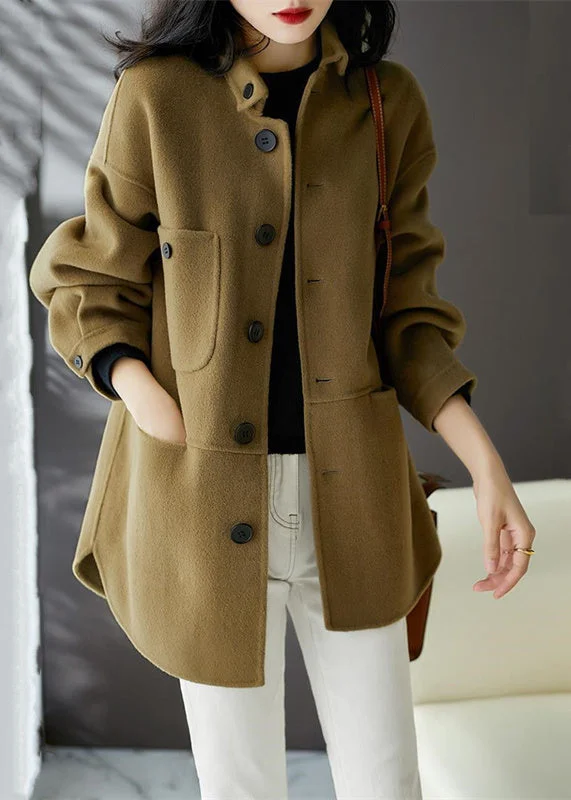 Sports Fitness Style Loose Earthy Yellow  Button Pockets Patchwork Woolen Coats Fall