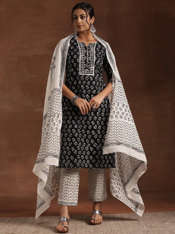 Gorgeous Wedding Style Black Printed Cotton Straight Suit With Dupatta