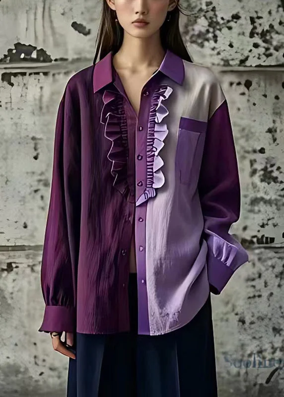 Elegant And Sweet Style Handmade Purple Asymmetrical Ruffled Linen Shirt Fall