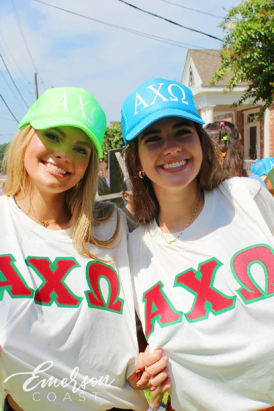 Sports Vitality Style Alpha Chi Omega Red and Green Bid Day Letter Jersey